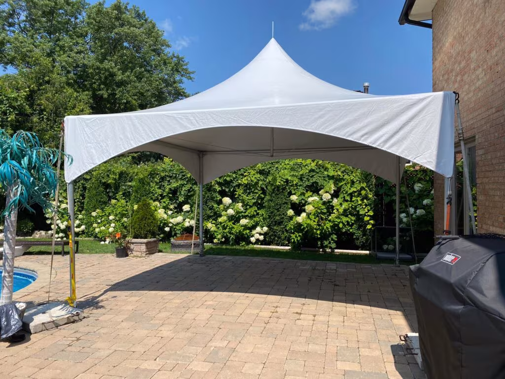 15x15 high peak marquee tent on patio