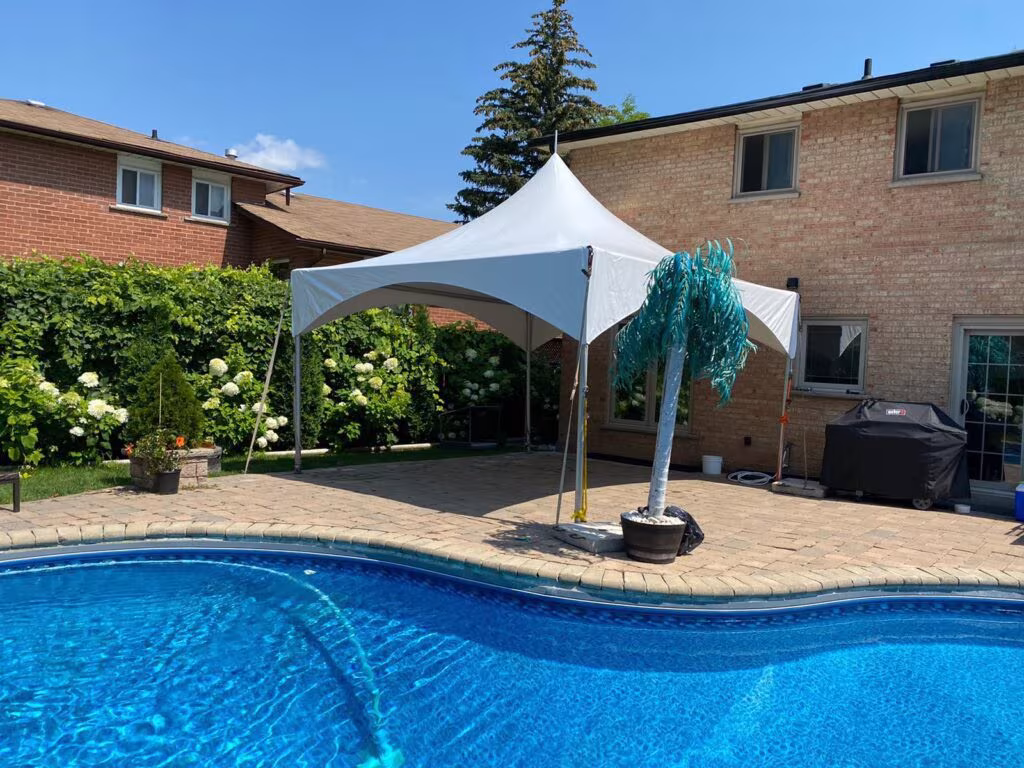 15x15 high peak marquee tent on patio