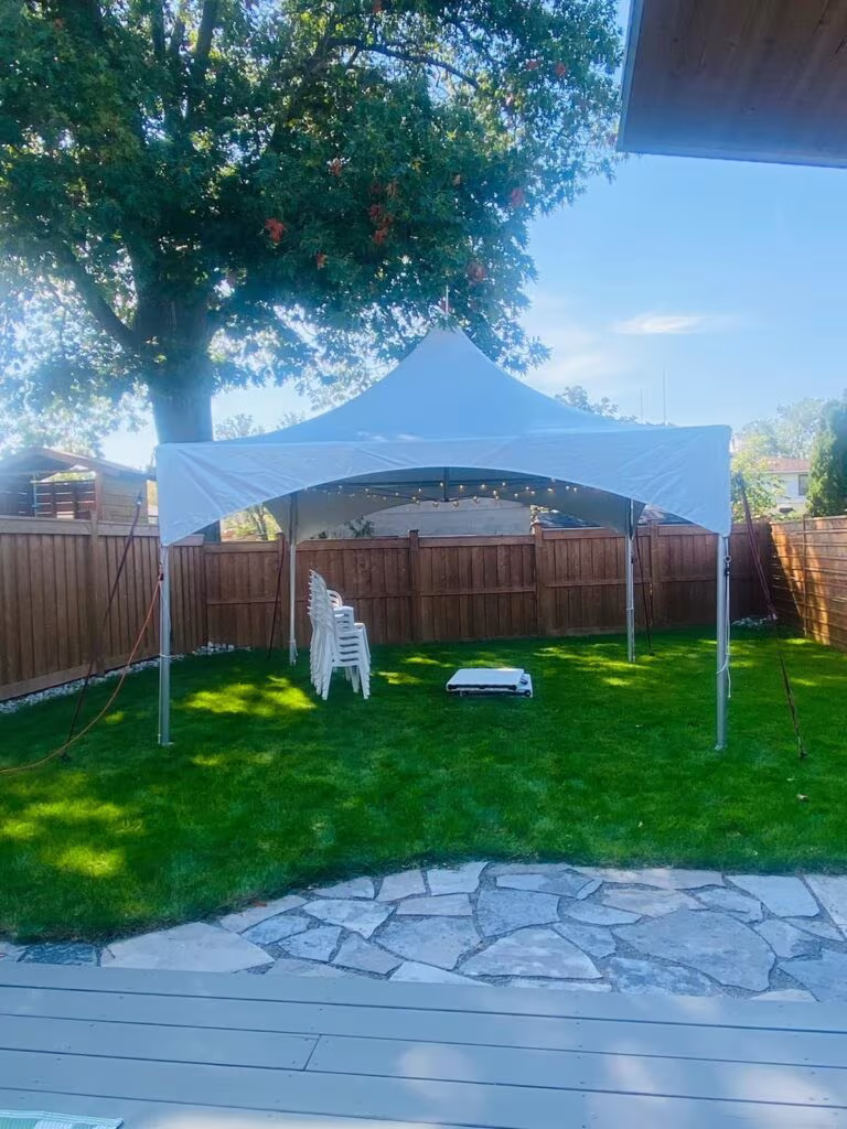 15x15 high peak marquee tent with globe lights