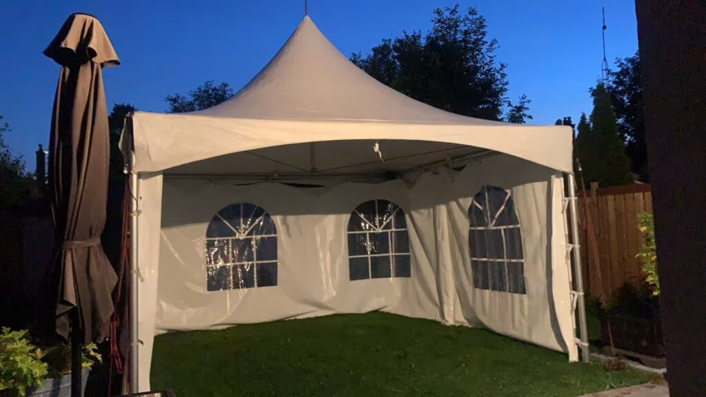 15x15 high peak marquee tent with window walls