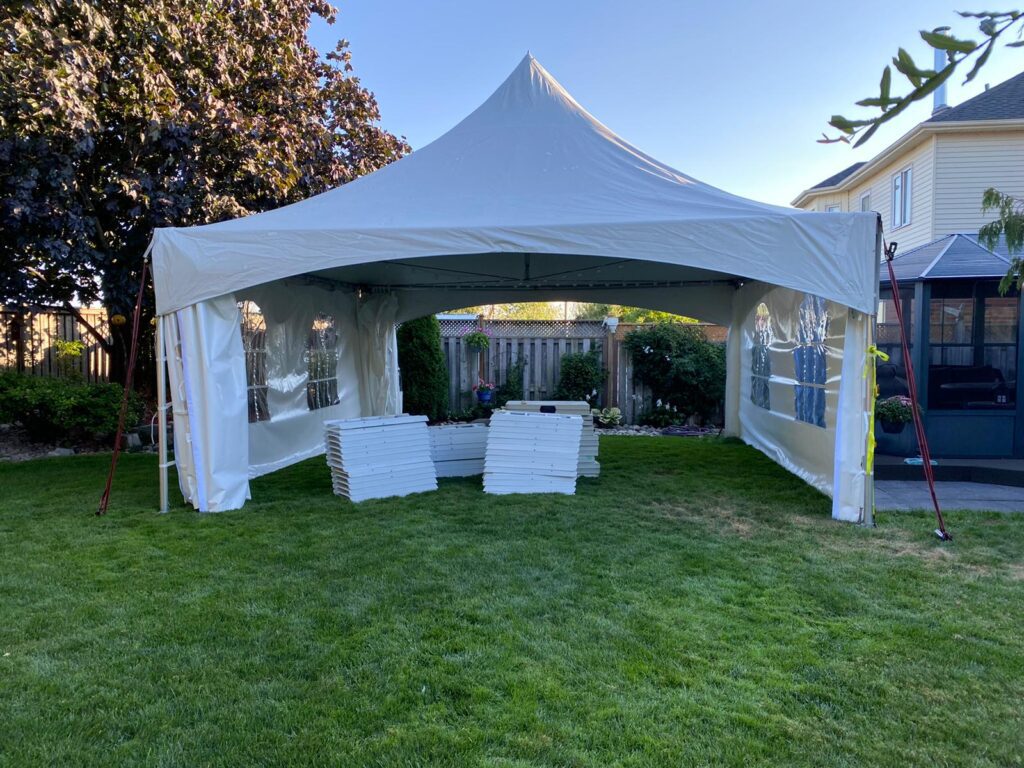 20x20 high peak marquee tent with french window walls