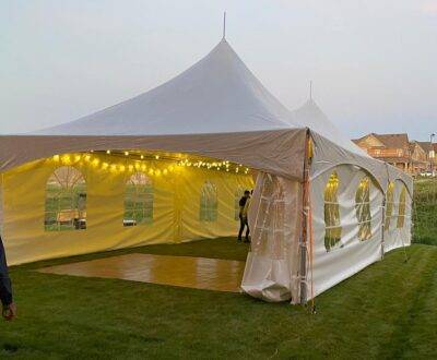 20x40 high peak marquee tent with french window walls & lights