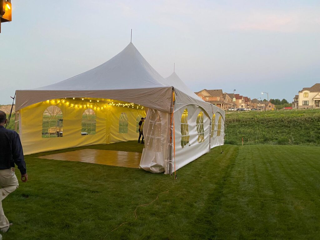 20x40 high peak marquee tent with french window walls & lights