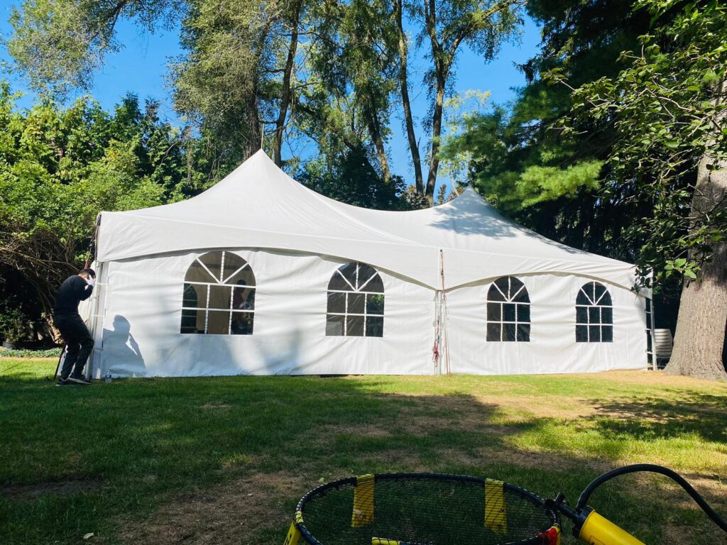 20x40 high peak marquee tent with window walls - side view