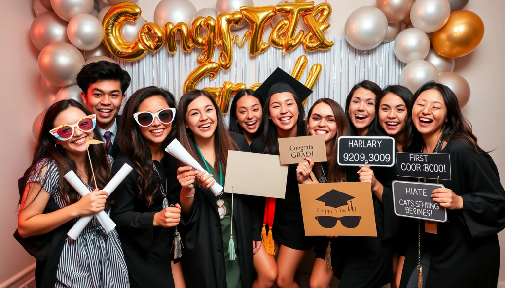 Graduates and friends laughing while using fun props at a photo booth during a graduation party.
