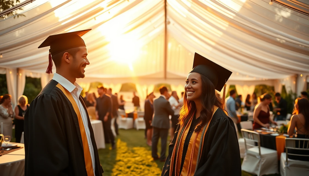 A joyous and stress-free graduation party in a backyard with guests celebrating under a large white event tent.