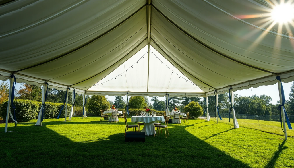 A white high-peak party tent providing shade and style for a graduation party on a sunny day.